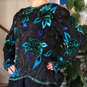 Vintage Scala 60s 70s Beaded Evening Embroidered Top L